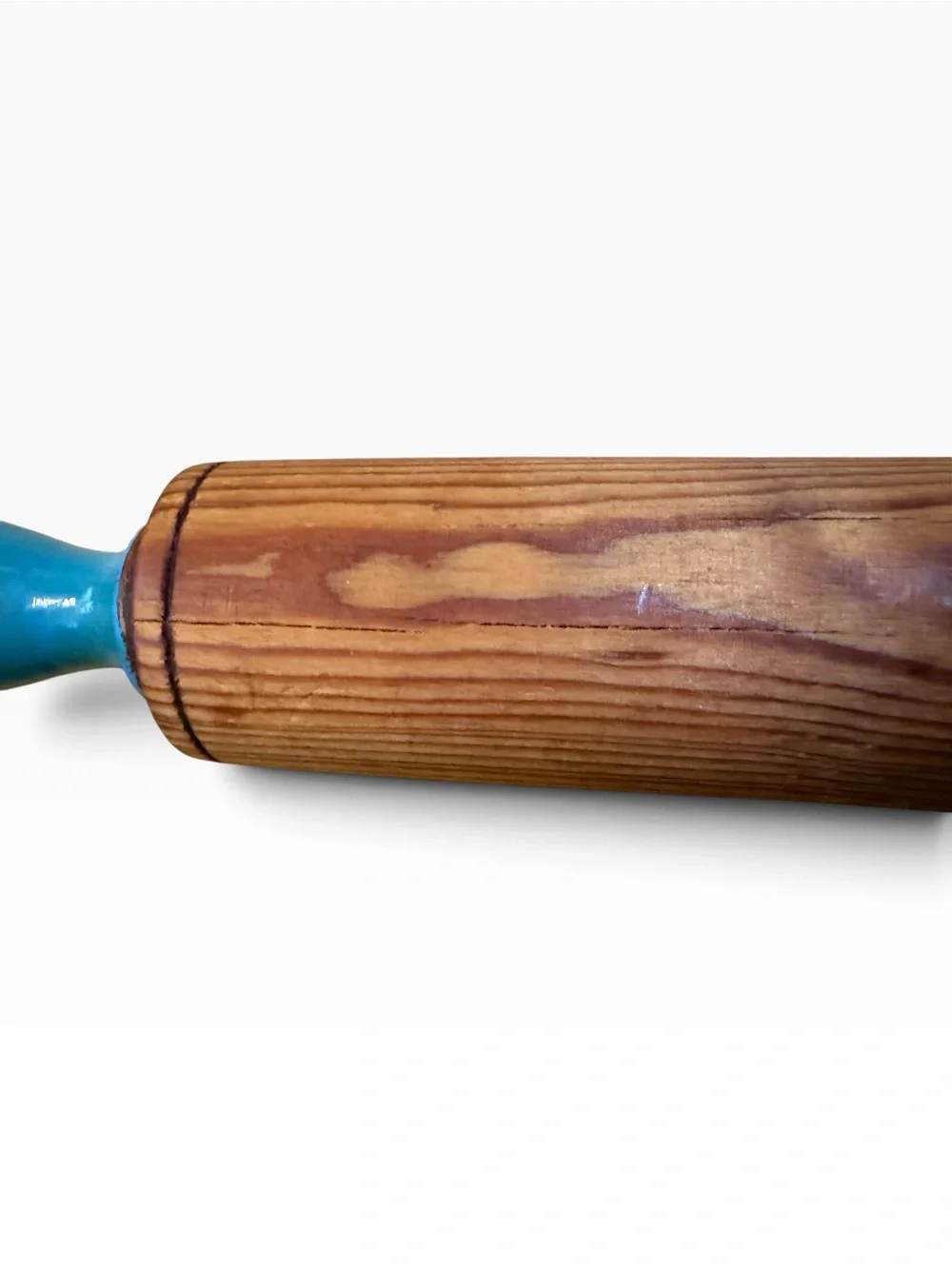 Vintage Wood Rolling Pin Featuring Painted  Teal Handles